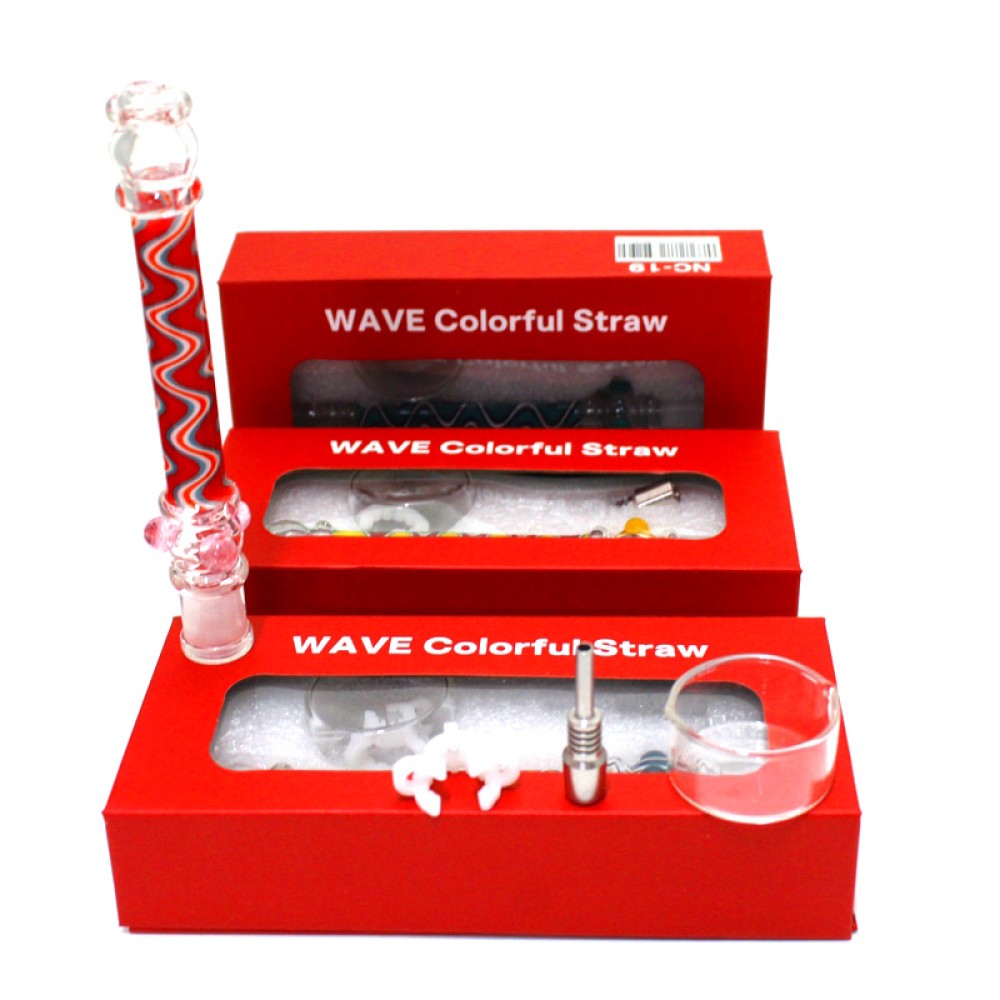 NC-19 WAVE colorful glass honey straw with 10mm titanium nail, durable heat-resistant design for smooth dabbing and efficient vapor collection.