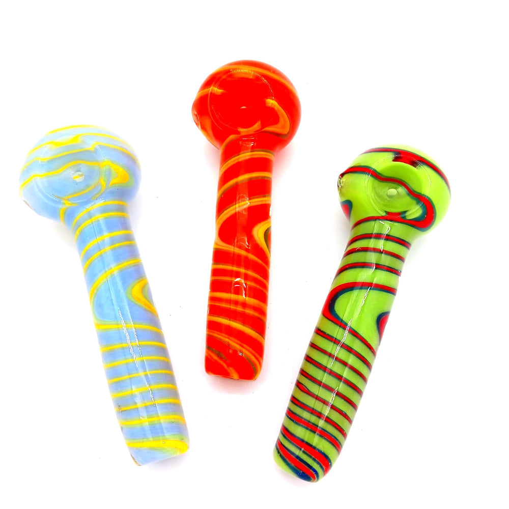 Heavy duty glass hand pipe with a new color design finish, made from thick durable glass for a comfortable grip and smooth smoking experience.