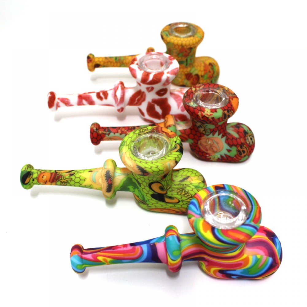 Printed color silicone hand pipe featuring a new stylish design, flexible durable construction, and compact portable easy-grip body.