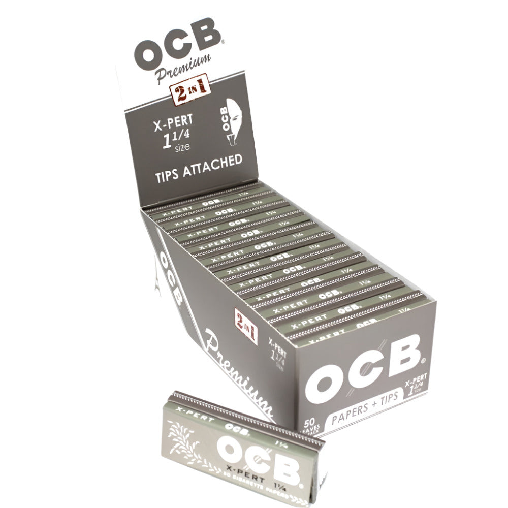OCB Premium 2-in-1 X-Pert Tips Attached 1 1/4 size rolling papers with 50 ultra-thin leaves per pack for convenient and smooth rolling.