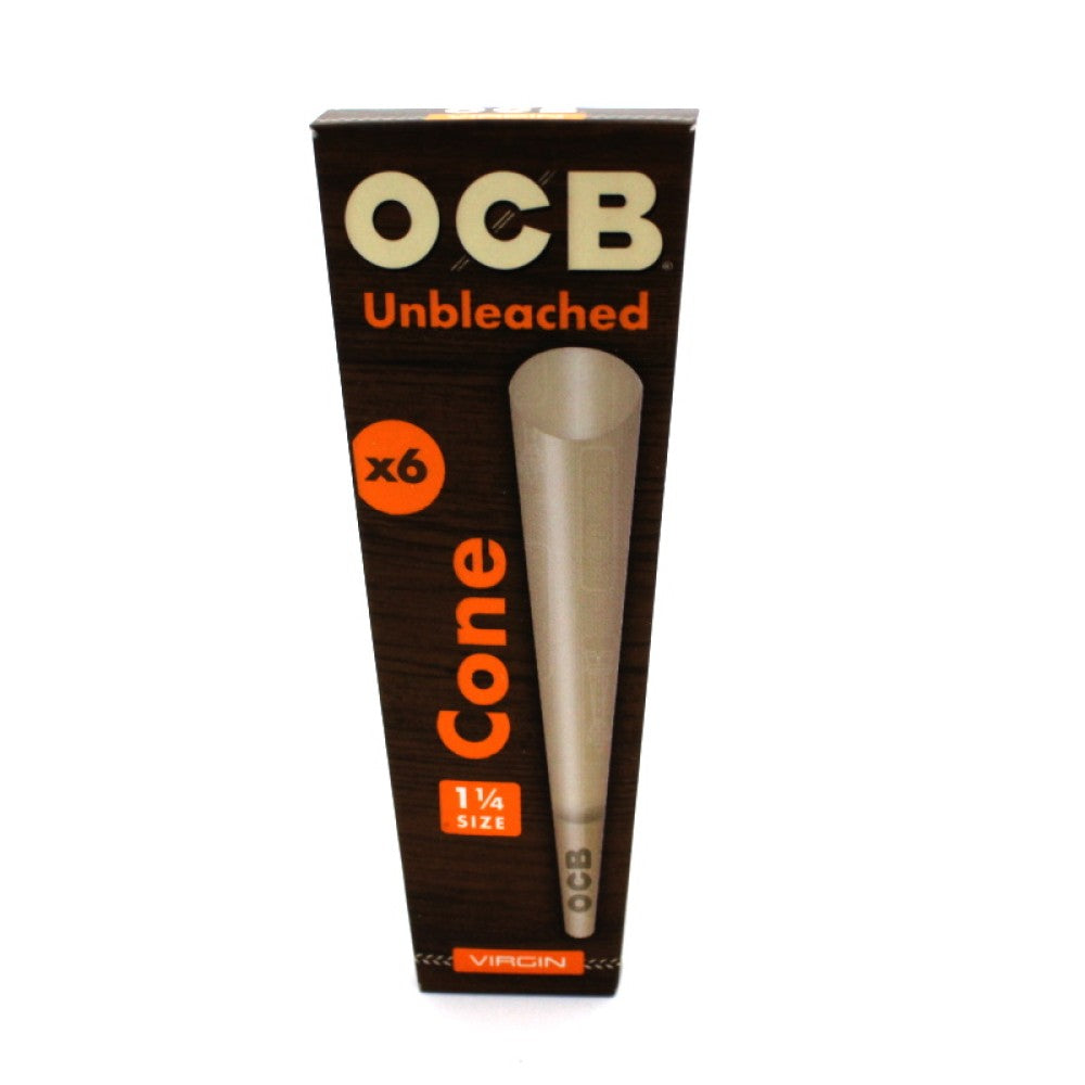 OCB Unbleached Cones 1 1/4 size, 6 cones per pack and 32 packs per box, made from natural unbleached paper for a clean, slow, and even burn.
