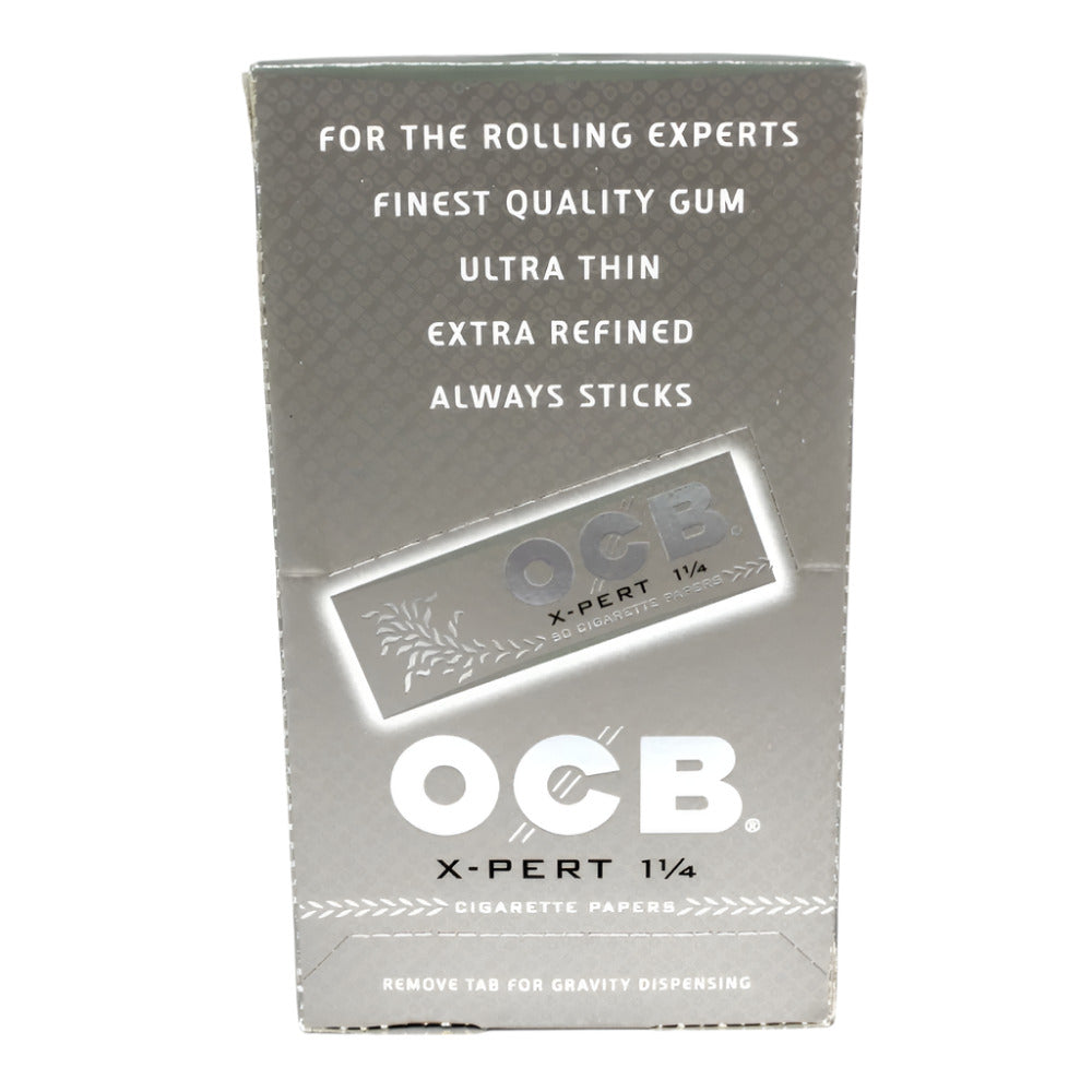 OCB X-Pert 1 1/4 size ultra-thin rolling papers 25 packs per box, lightweight slow-burning papers designed for smooth and easy rolling.