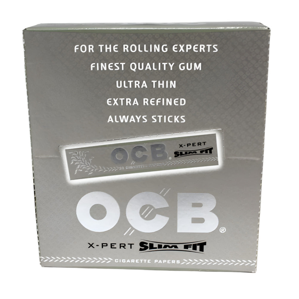 OCB X-Pert Slim Fit Cigarette Papers 24 packs per box, ultra-thin slow-burning premium rolling papers for smooth and precise rolling experience.