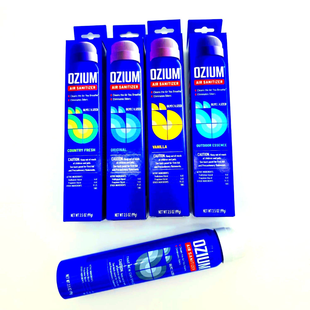 Ozium Air Sanitizer Spray 3.5 oz Odor Eliminator Freshener for Smoke Bathroom Car and Home Use Packaging Bottle Display.