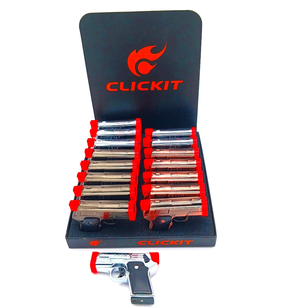Pistol style Clickit torch lighter 16 count display box, built for strong single flame ignition, durable use, and convenient everyday lighting performance.