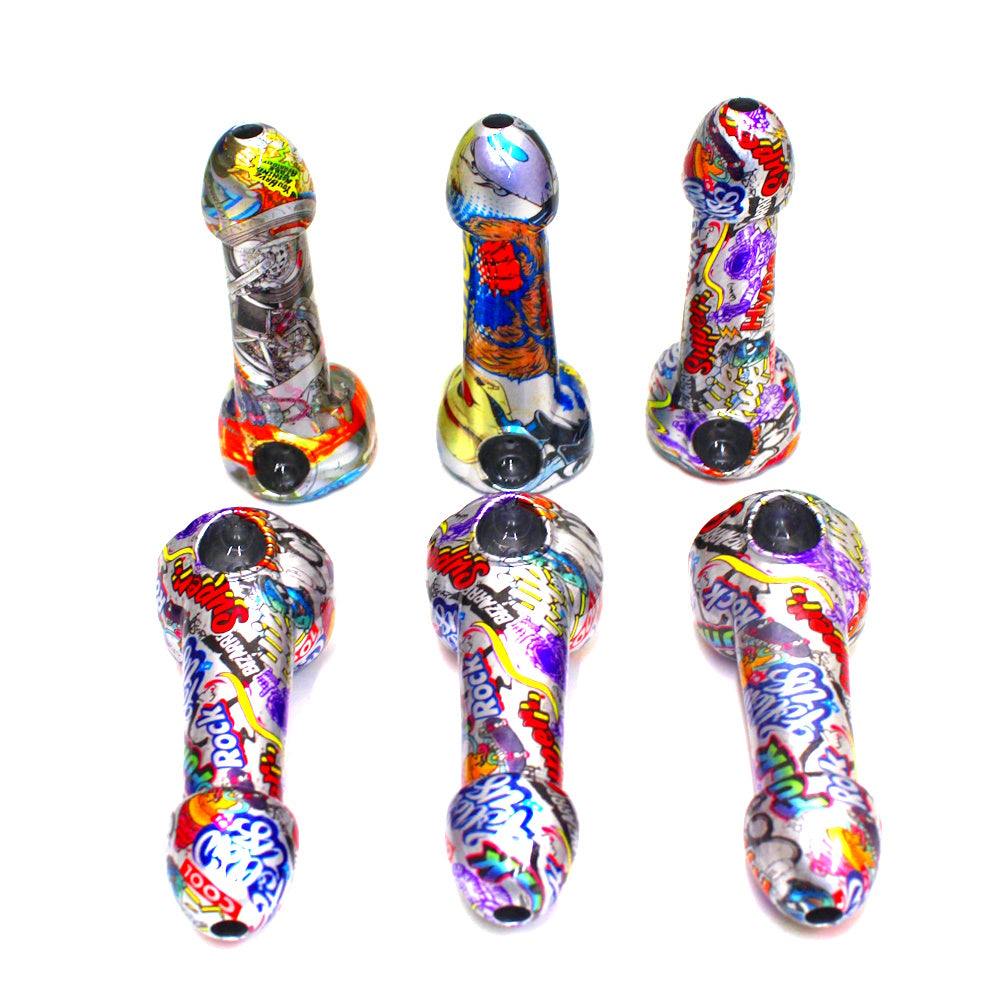 Printed dildo novelty multi color glass hand pipe with durable thick glass body, smooth airflow, and compact portable smoking accessory design.