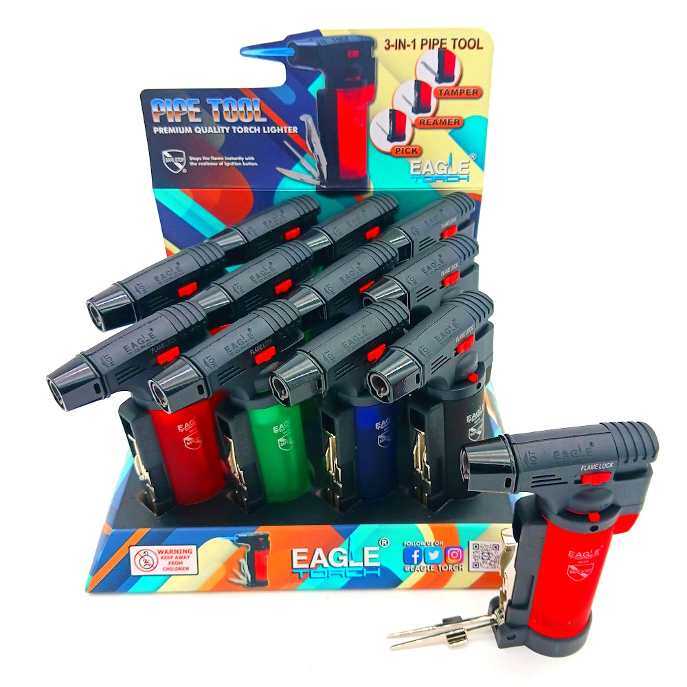 PT101PT Eagle Tool side torch lighter 12 count display with adjustable wind-resistant flame, durable body, and reliable high-heat torch performance.