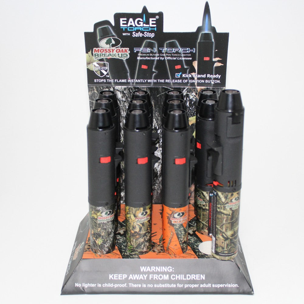 PT132MOK Eagle Mossy Oak Break-Up pen torch with safe-stop 12 piece display camo design pen-style torch strong flame durable portable ignition tool.