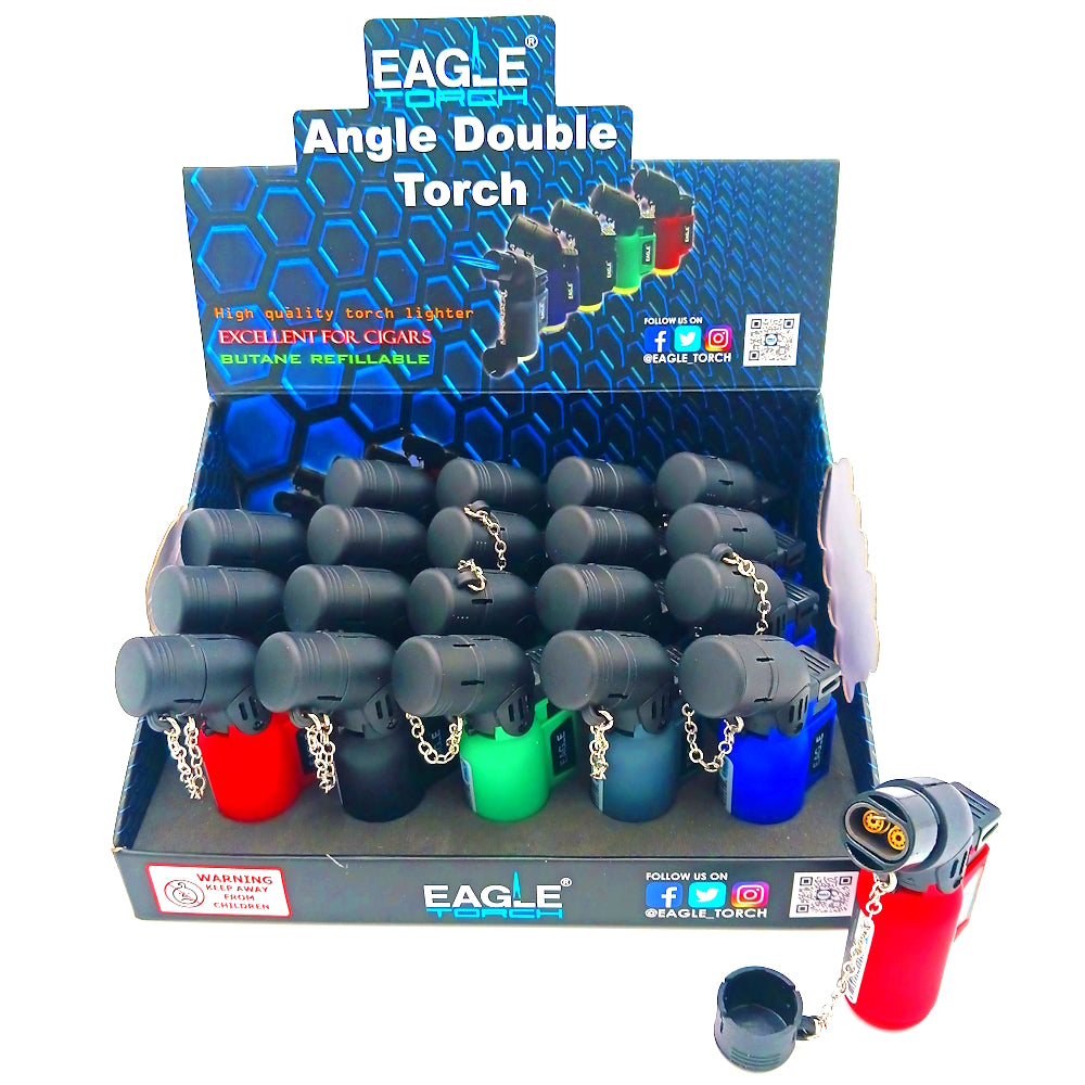PT150AD Eagle mini angle double torch lighter 20 pcs display with dual flame, adjustable wind-resistant torch, durable body, and reliable ignition for daily use.