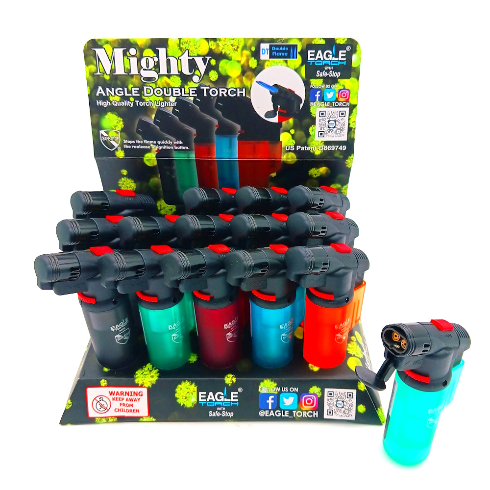 PT158D Eagle Mighty double angle torch lighter 15 count display with adjustable wind-resistant flame, durable body, and strong high-heat torch performance.