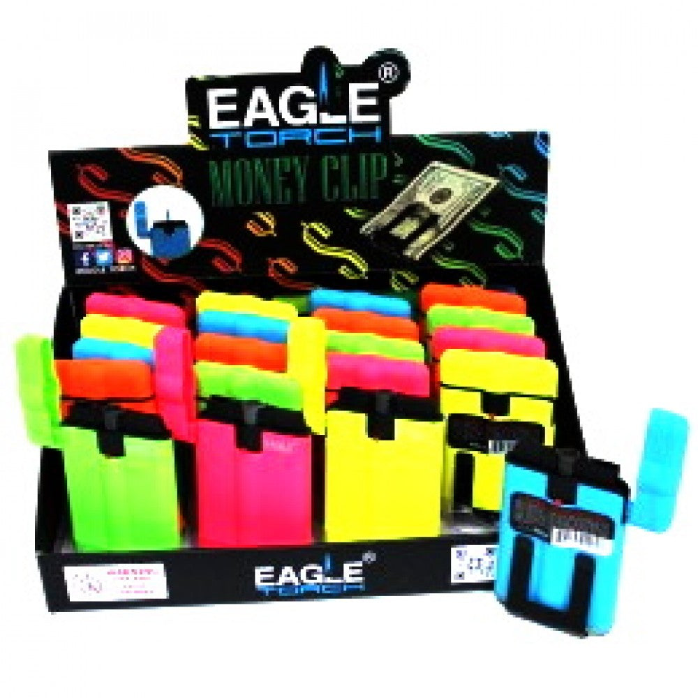 PT161MC Eagle slim torch lighter with money clip assorted colors 20 piece display durable slim design strong flame and convenient clip for everyday use.