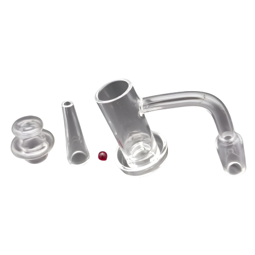 Quartz cone shape banger set with carb cap and 14mm male joint, durable quartz accessory for smooth airflow control and efficient clean dabbing experience.
