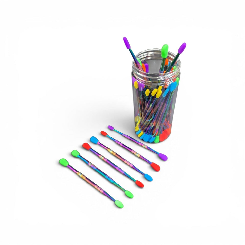 Rainbow Color Metal Dabber with Colored Silicone Tip for precise concentrate handling, featuring a durable metal body, heat-resistant silicone tip, ergonomic grip, and vibrant rainbow finish for everyday use.