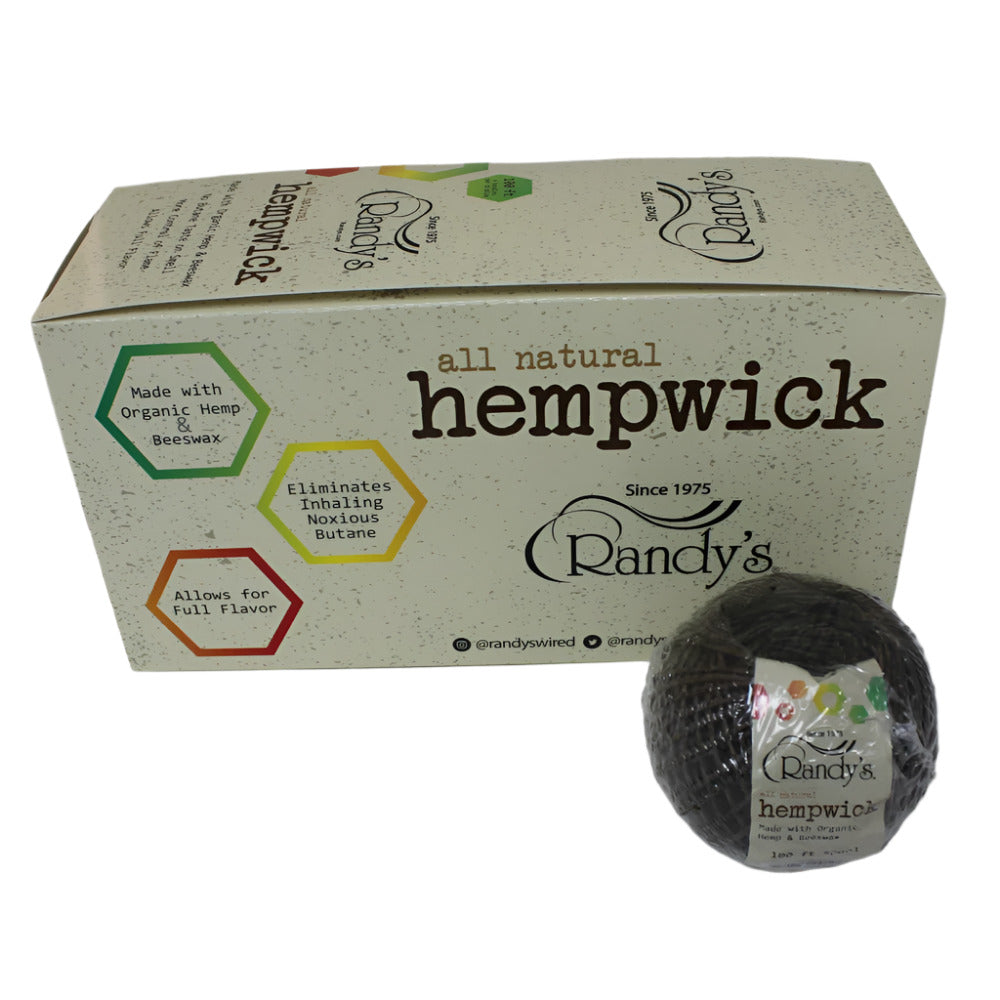 Randy's 100 ft hemp wick spool with 6 rolls per display, natural hemp fiber and beeswax wick for cleaner lighting and extended use.