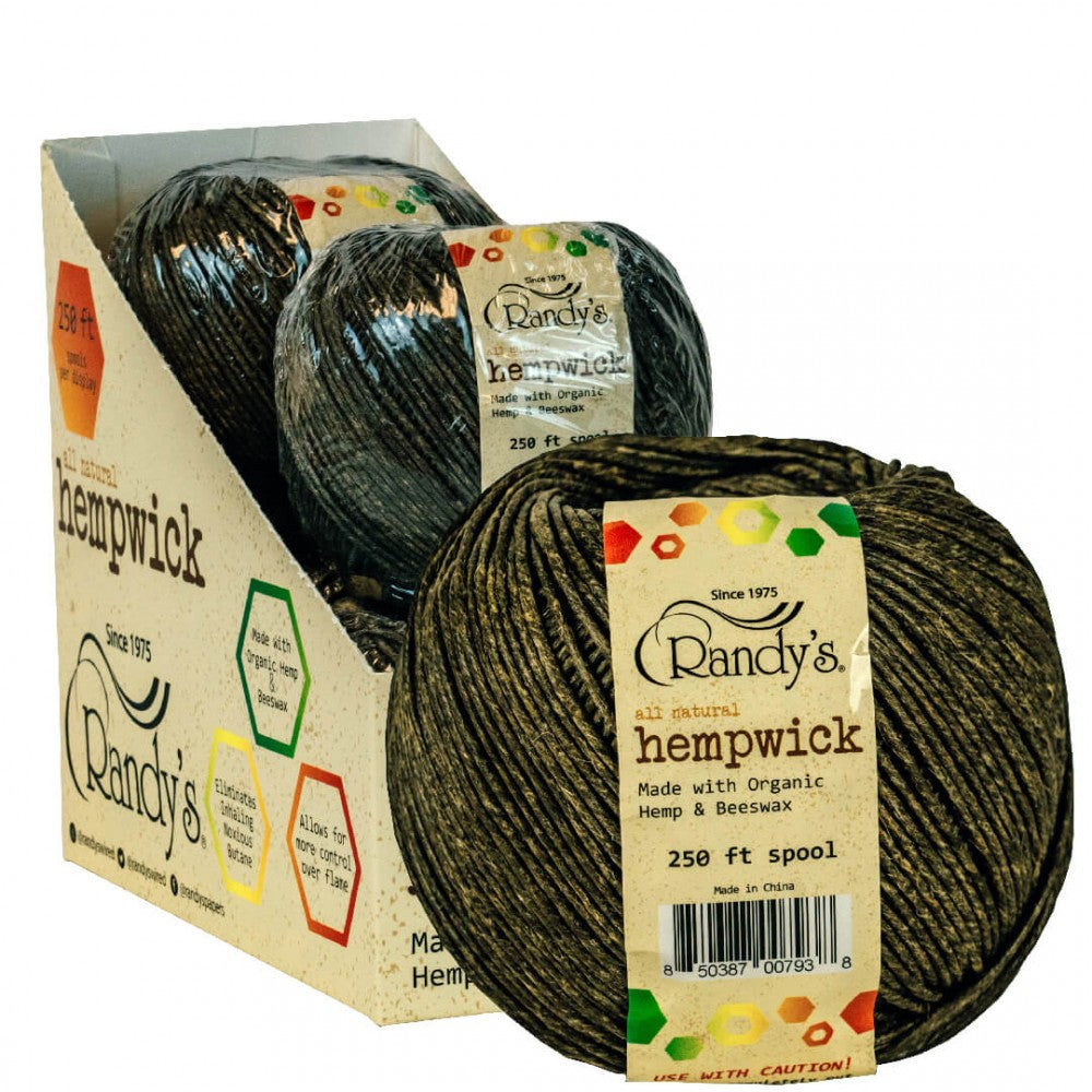 Randy's Hemp Wick 250 ft with 4 rolls per display, natural hemp fiber and beeswax wick for cleaner lighting, easy dispensing, and extended use.