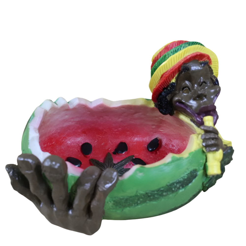 Rasta color ashtray with big watermelon art design, durable heat-resistant and decorative tray with deep grooves for stylish and easy ash disposal.