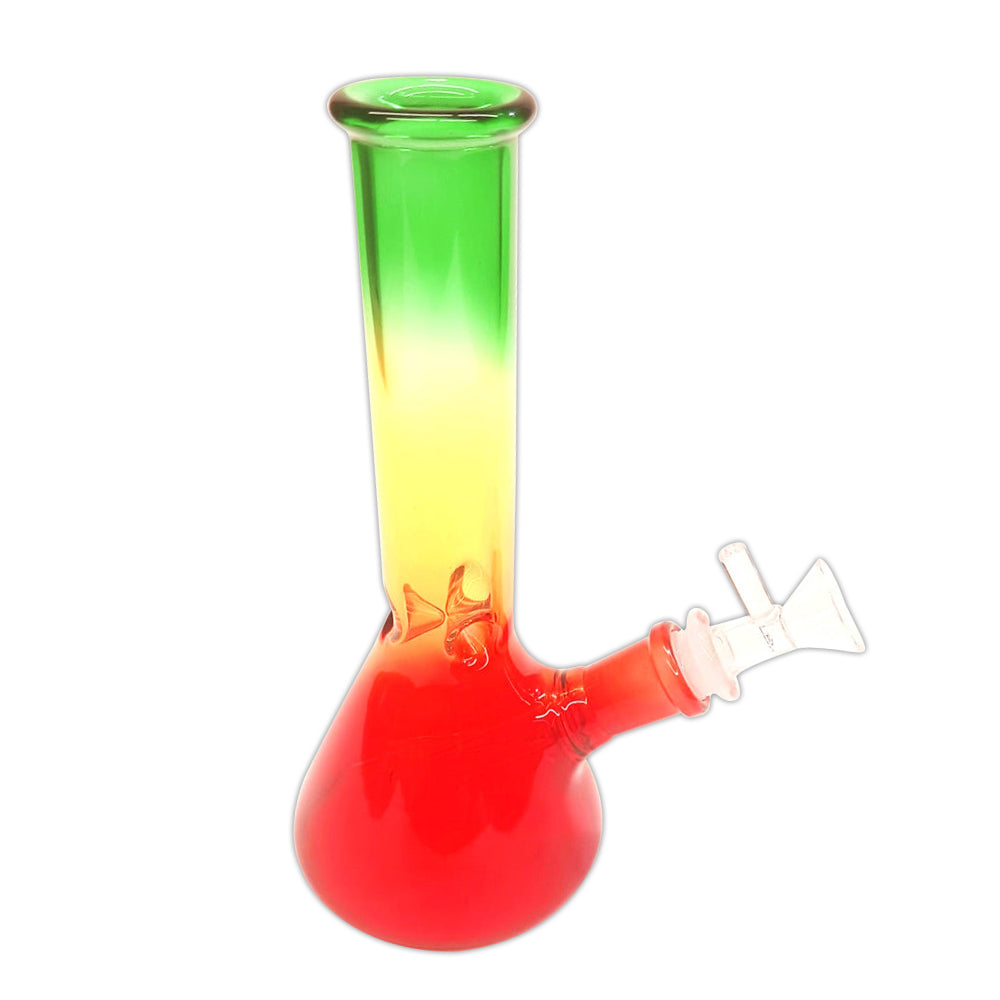 Rasta color water pipe with red yellow green design, durable glass construction with water filtration system for smooth and clean smoking experience.