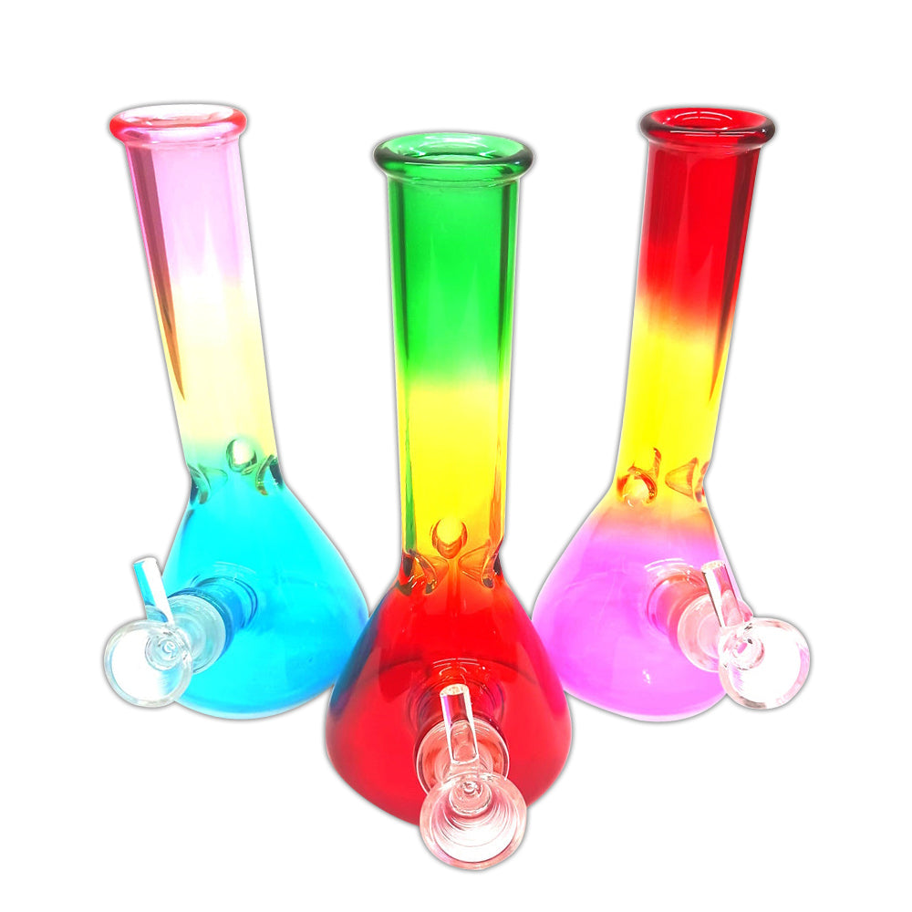 Rasta color glass water pipe with red yellow and green design, durable glass body with water filtration system for smooth and clean smoking experience.