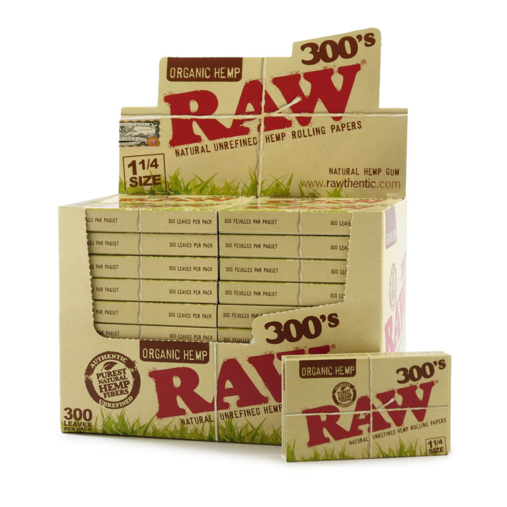 RAW 300’s Organic Hemp 1 1/4 size rolling papers 40 count pack, natural unrefined hemp slow burning papers for clean and smooth smoking experience.