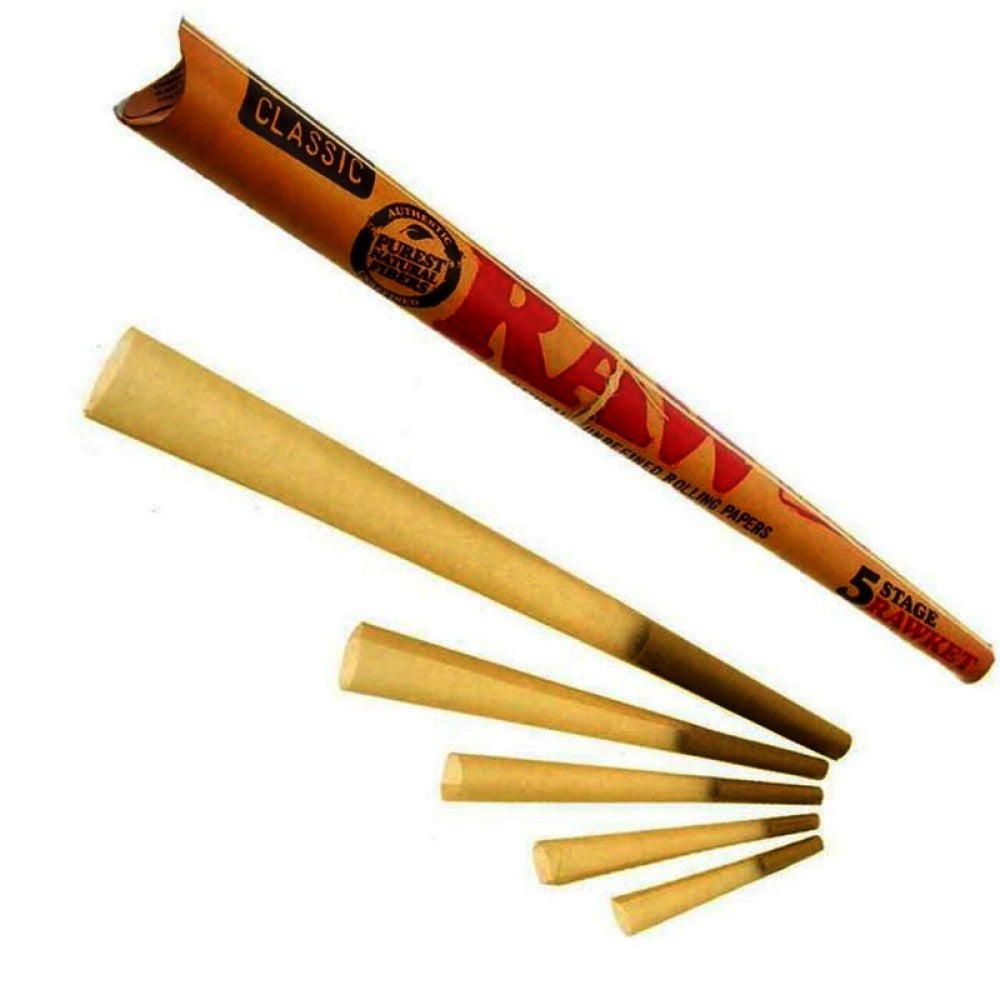 RAW 5 Stage Rawket pre-rolled cones with 15 packs per box and 5 cones per pack, crafted from natural unrefined paper for a smooth burn.