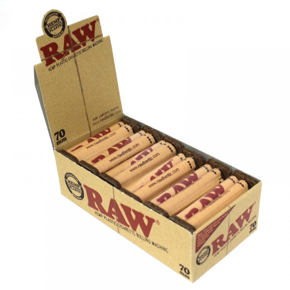 RAW 70mm single wide rolling machine with 12 rollers per pack, designed for smooth, even rolling and easy cigarette preparation with durable construction.