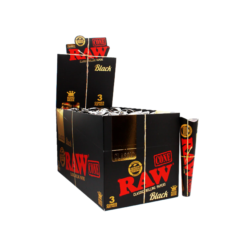 RAW Black Classic king size pre-rolled cones, 32 packs per box with 3 cones per pack, made from ultra-thin natural paper for a slow, even burn.