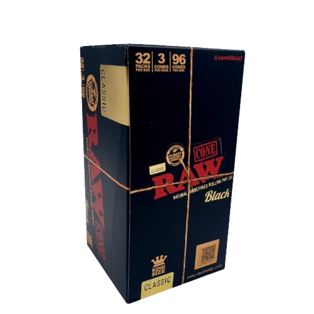 RAW Black Classic King Size pre-rolled cones featuring 32 packs per box and 3 cones per pack made from ultra-thin natural unbleached paper.