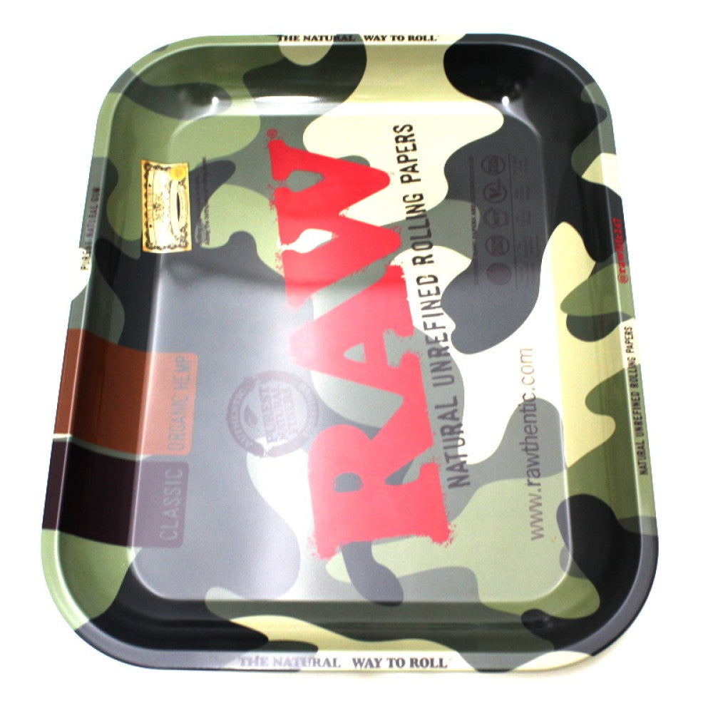 RAW camo color large metal rolling tray available in 13x11 size, durable surface with raised edges for easy rolling and organized preparation.