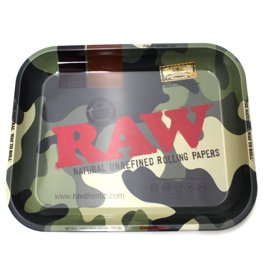 RAW Camo Color Rolling Tray Large Size 13” and 11” featuring durable metal construction, camo design, and smooth flat surface for easy use.