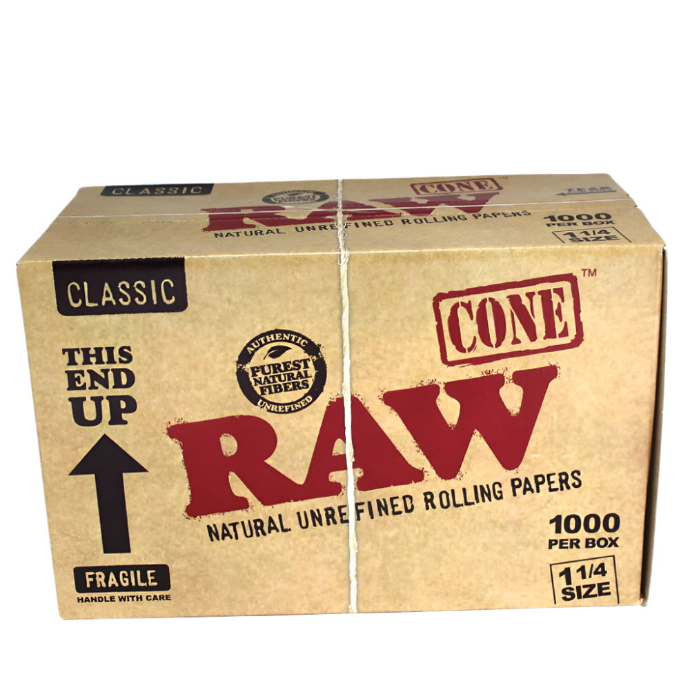 RAW Classic 1 1/4 Size pre-rolled cones in a bulk box of 1000 cones made from natural unbleached paper for a smooth and consistent experience.