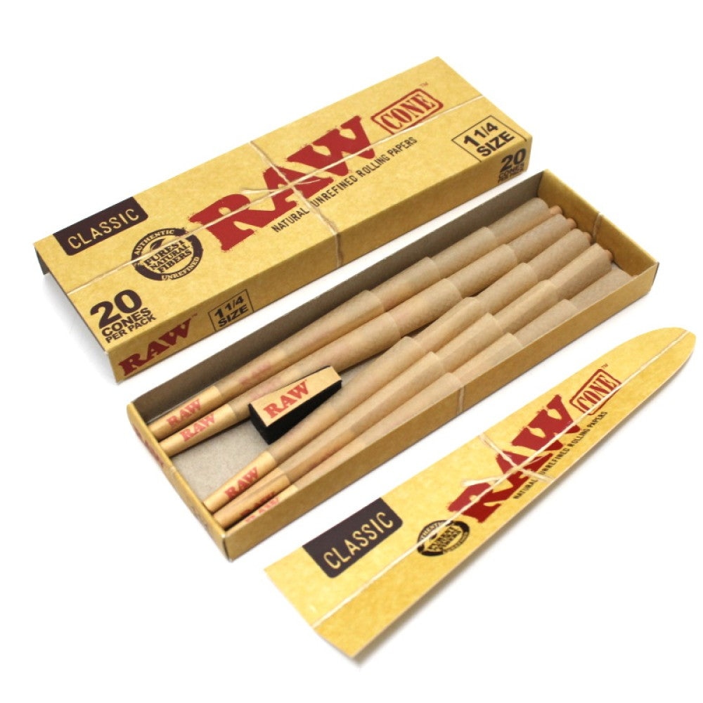 RAW Classic 1 1/4 size pre-rolled cones available in 12 or 20 cones per pack, made from natural unrefined paper for a slow and even burn.