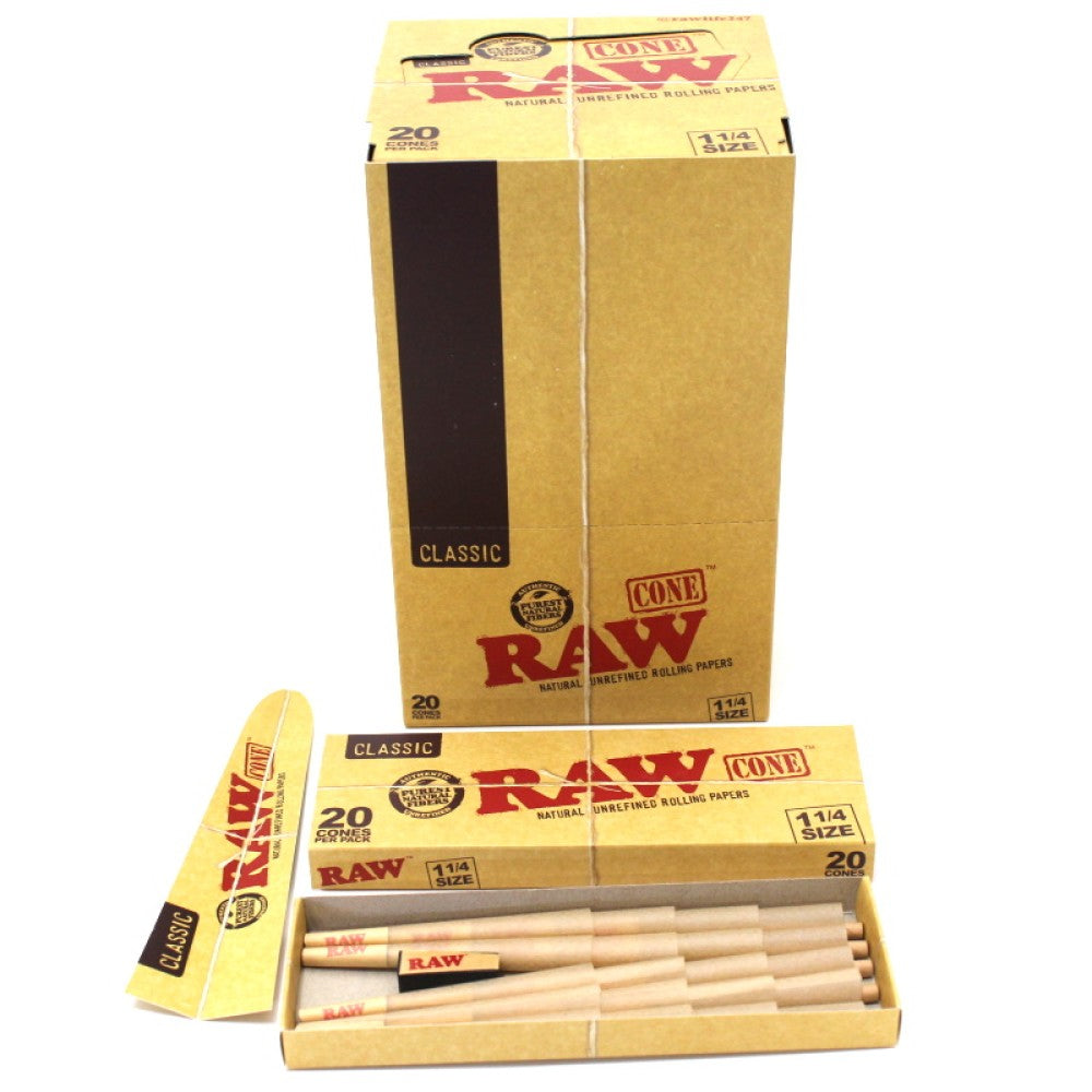 RAW Classic 1¼ Size pre-rolled cones available in 12 or 20 per pack made from natural unbleached paper for a smooth and even burn experience.