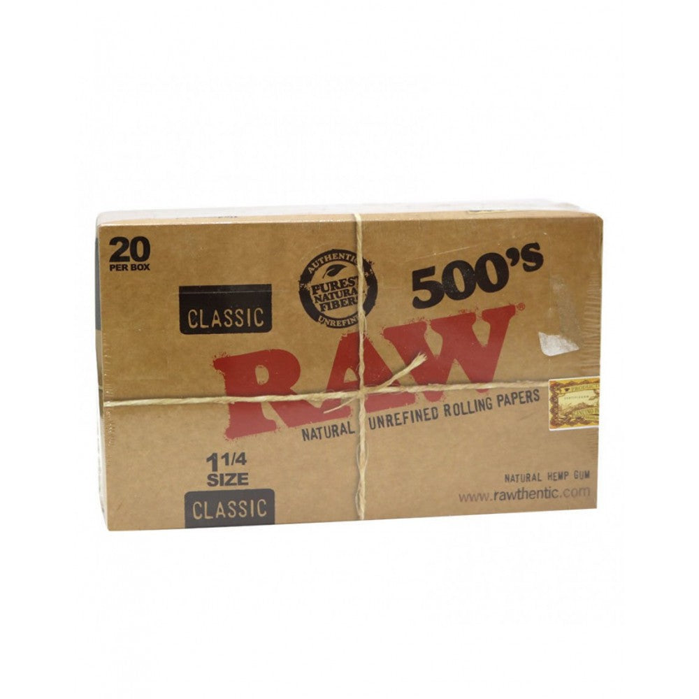 RAW Classic 500’s 1¼ Size pre-rolled cones featuring 20 cones per pack made from natural unbleached paper for a smooth and even burn.