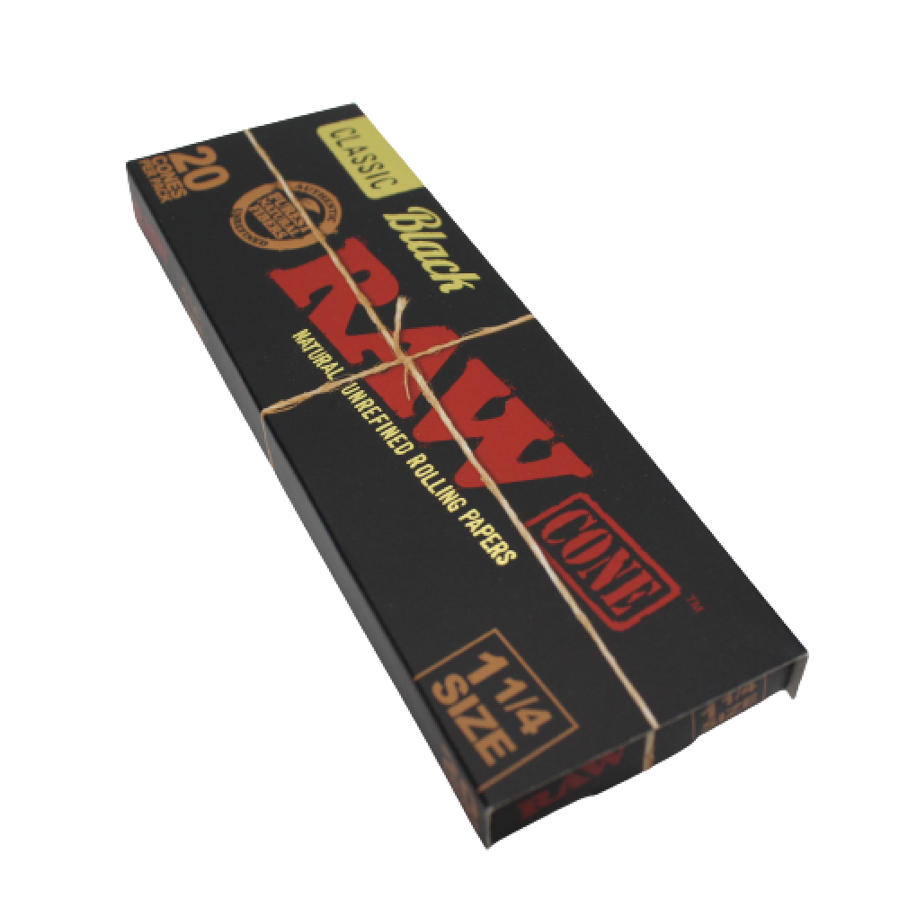 RAW Classic Black 1 1/4 size pre-rolled cones, 20 cones per pack and 12 packs per display, made with ultra-thin paper for a slow and even burn.