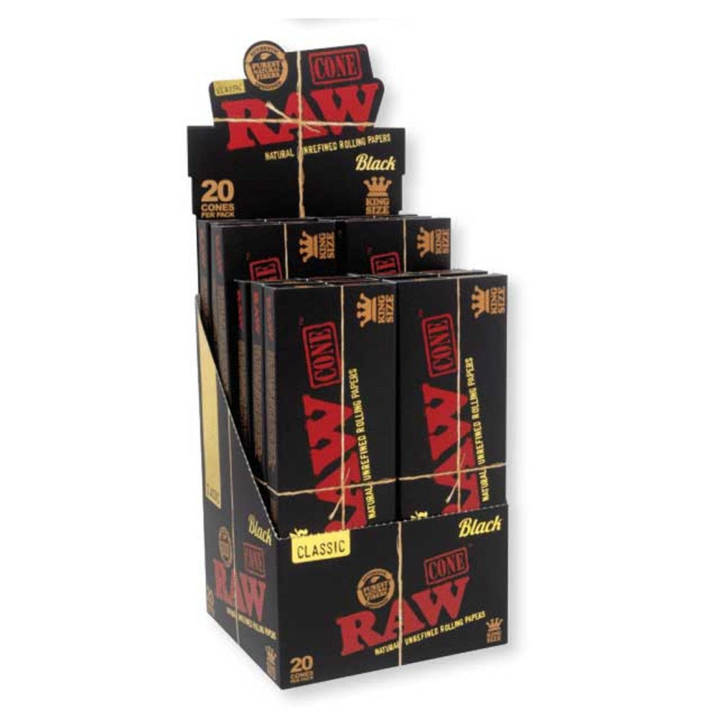 RAW Classic Black King Size pre-rolled cones featuring 20 cones per pack and 12 packs per display with ultra-thin paper for a smooth burn.
