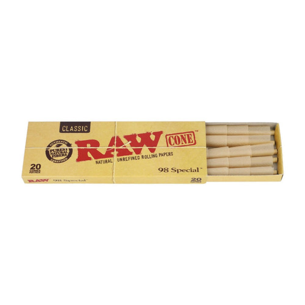 RAW Classic Cone 98 Special pre-rolled cones with 20 cones per pack and 12 packs per display, made from natural unrefined paper for a clean and even burn.
