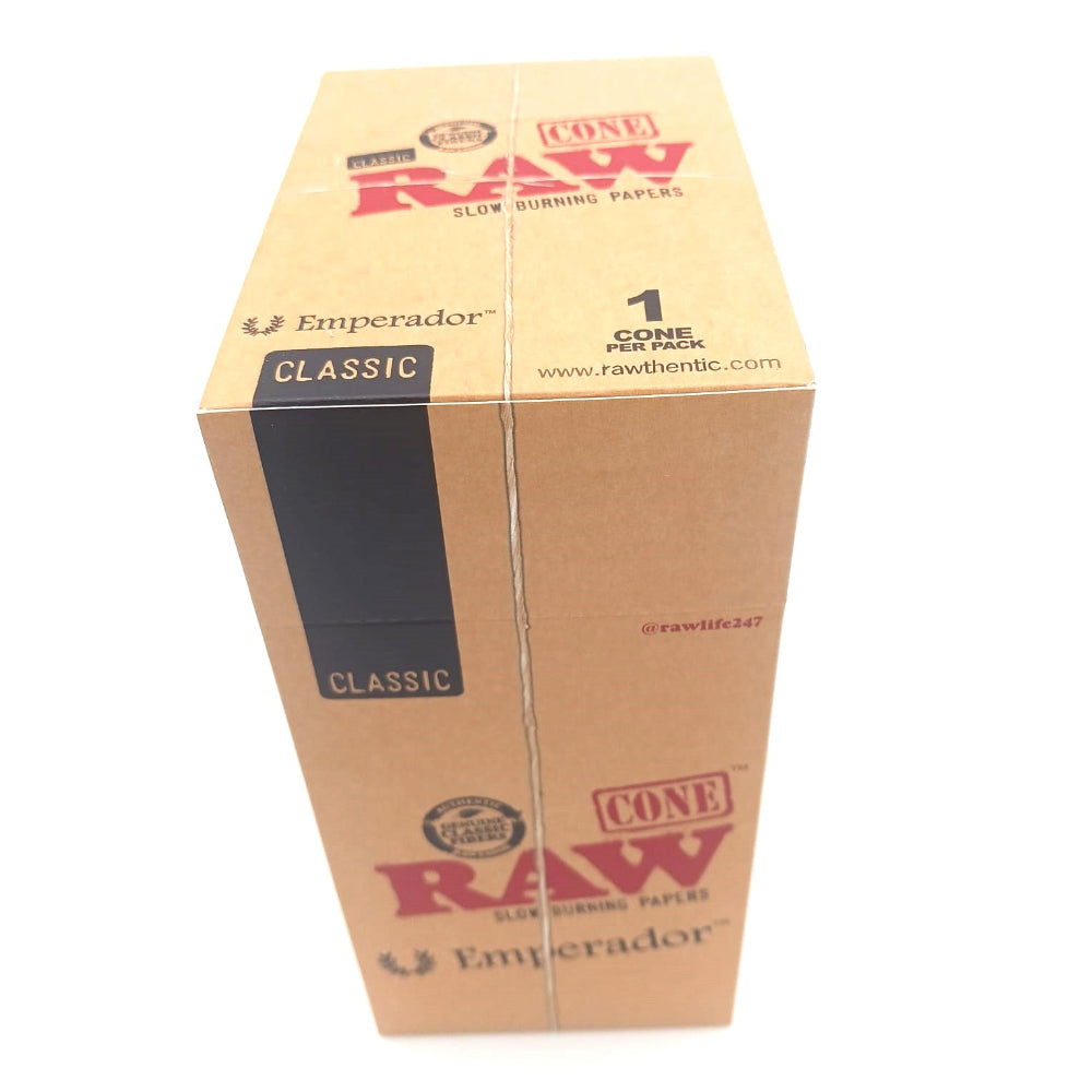 Raw Classic Cone Emperador 24 packs per box with 1 cone per pack, natural unbleached paper pre-rolled cones designed for slow burn and smooth airflow.