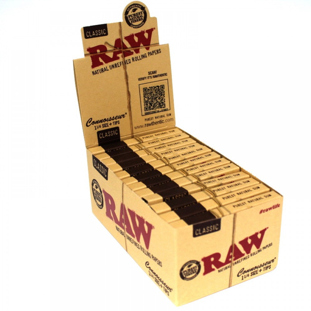 RAW Classic Connoisseur 1 1/4 size rolling papers with tips, 24 count pack, featuring premium natural papers and included filter tips for convenient rolling.