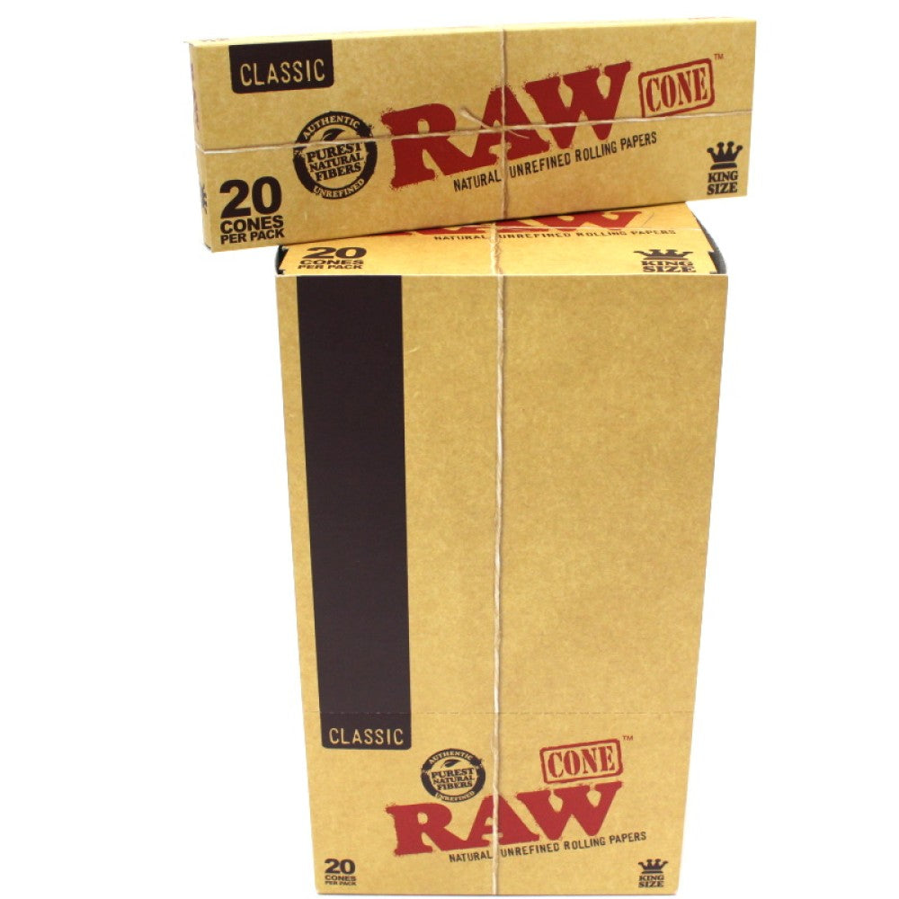 RAW Classic King Size pre-rolled cones available in 12-cone and 20-cone packs, made with natural unrefined paper for a smooth and consistent burn.