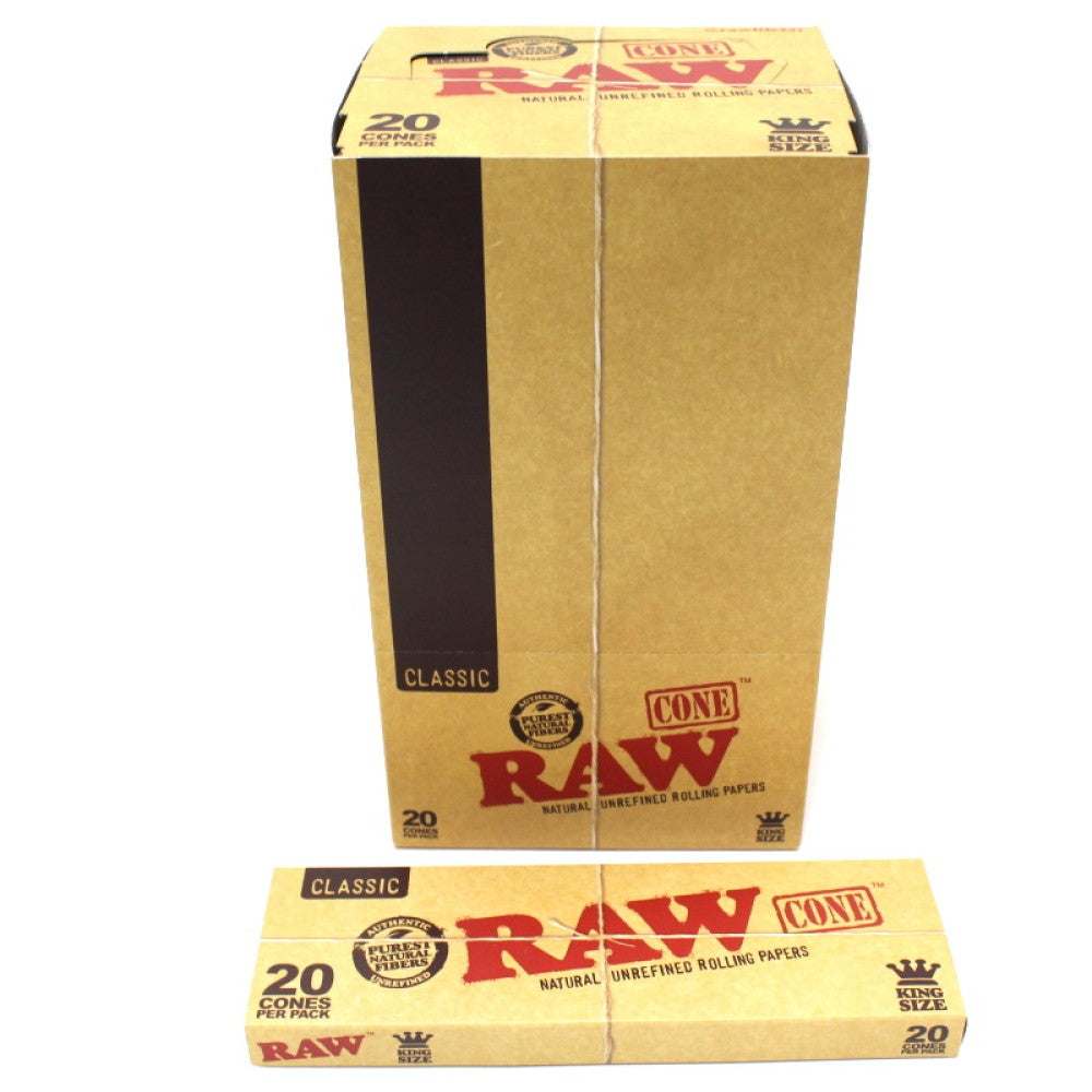 RAW Classic King Size pre-rolled cones with 12 packs per box and 20 cones per pack made from natural unbleached paper for a consistent burn.