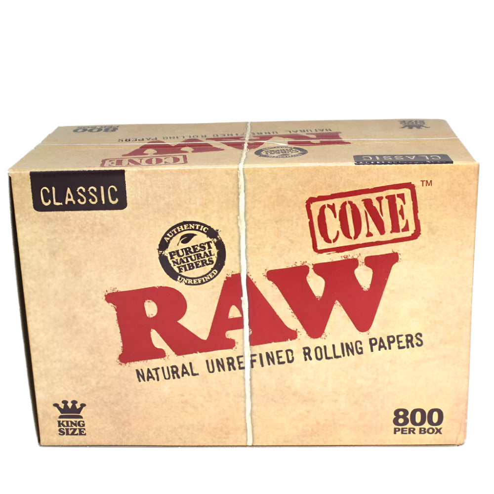 RAW Classic King Size pre-rolled cones in a bulk box of 800 cones made from natural unbleached paper for a consistent smoking experience.