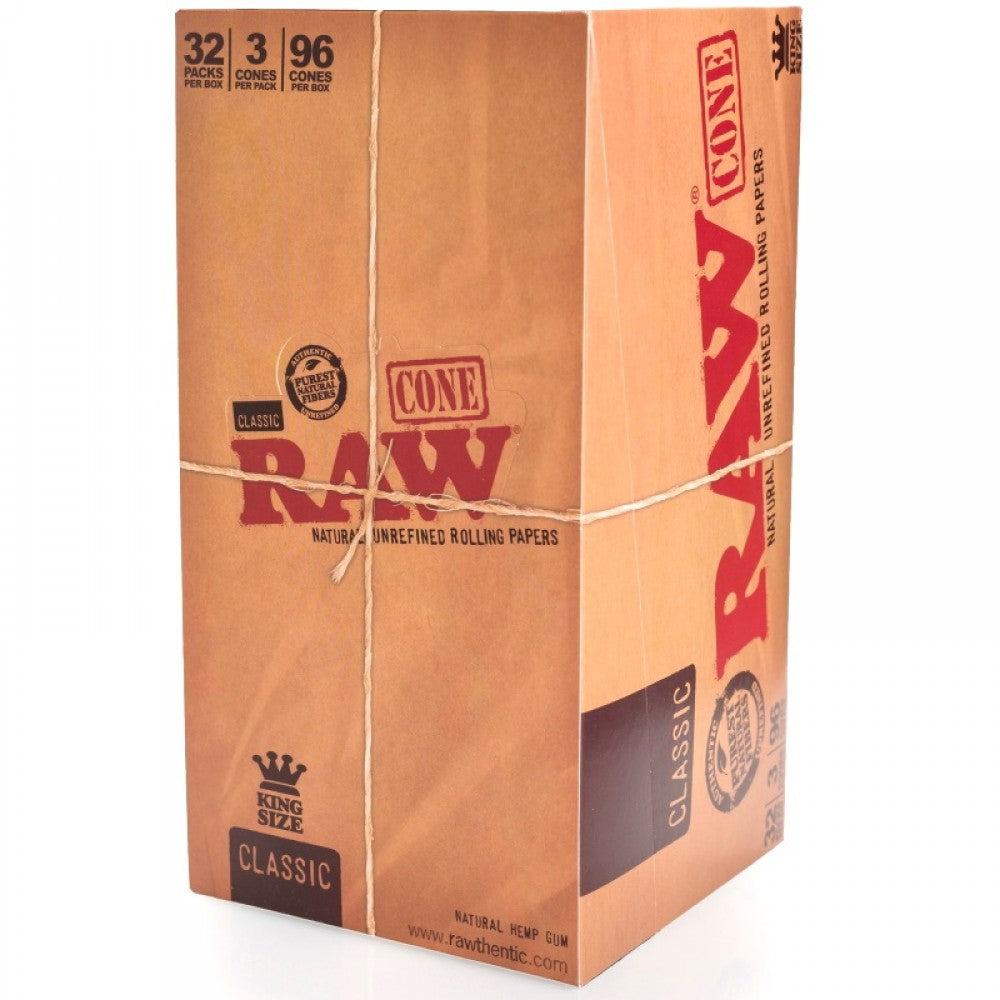 RAW Classic King Size pre-rolled cones with 3 cones per pack, 32 packs per box, and 96 cones total, made from natural unrefined rolling paper.