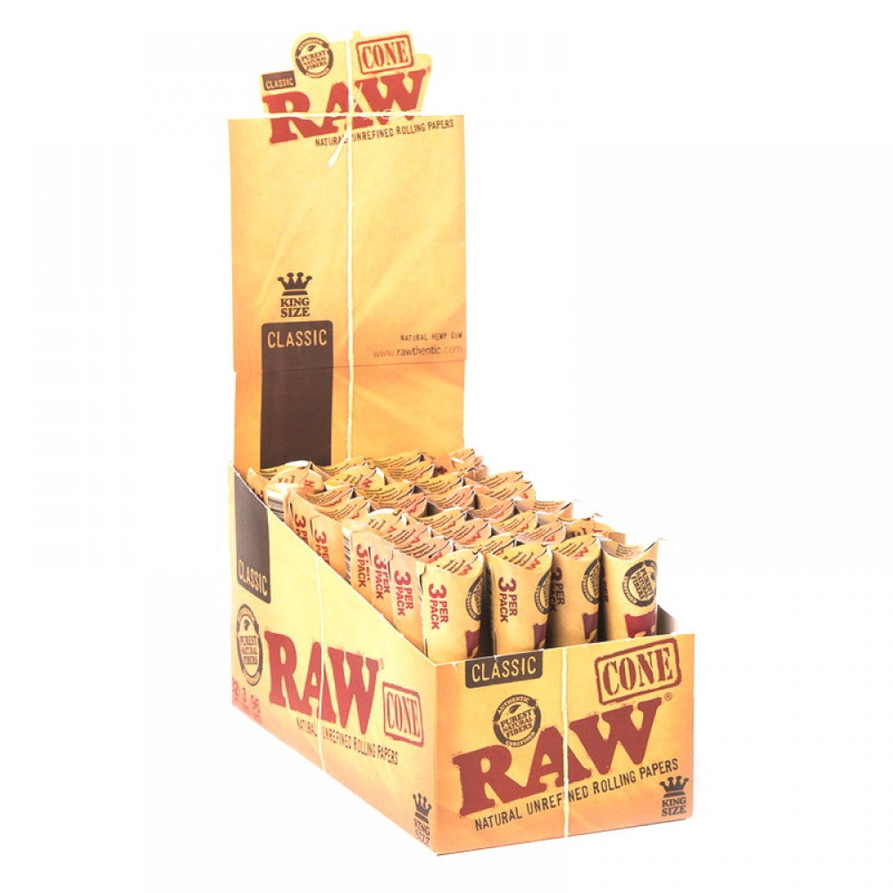 RAW Classic King Size pre-rolled cones with 32 packs per box, 3 cones per pack, and 96 total cones made from natural unbleached paper.