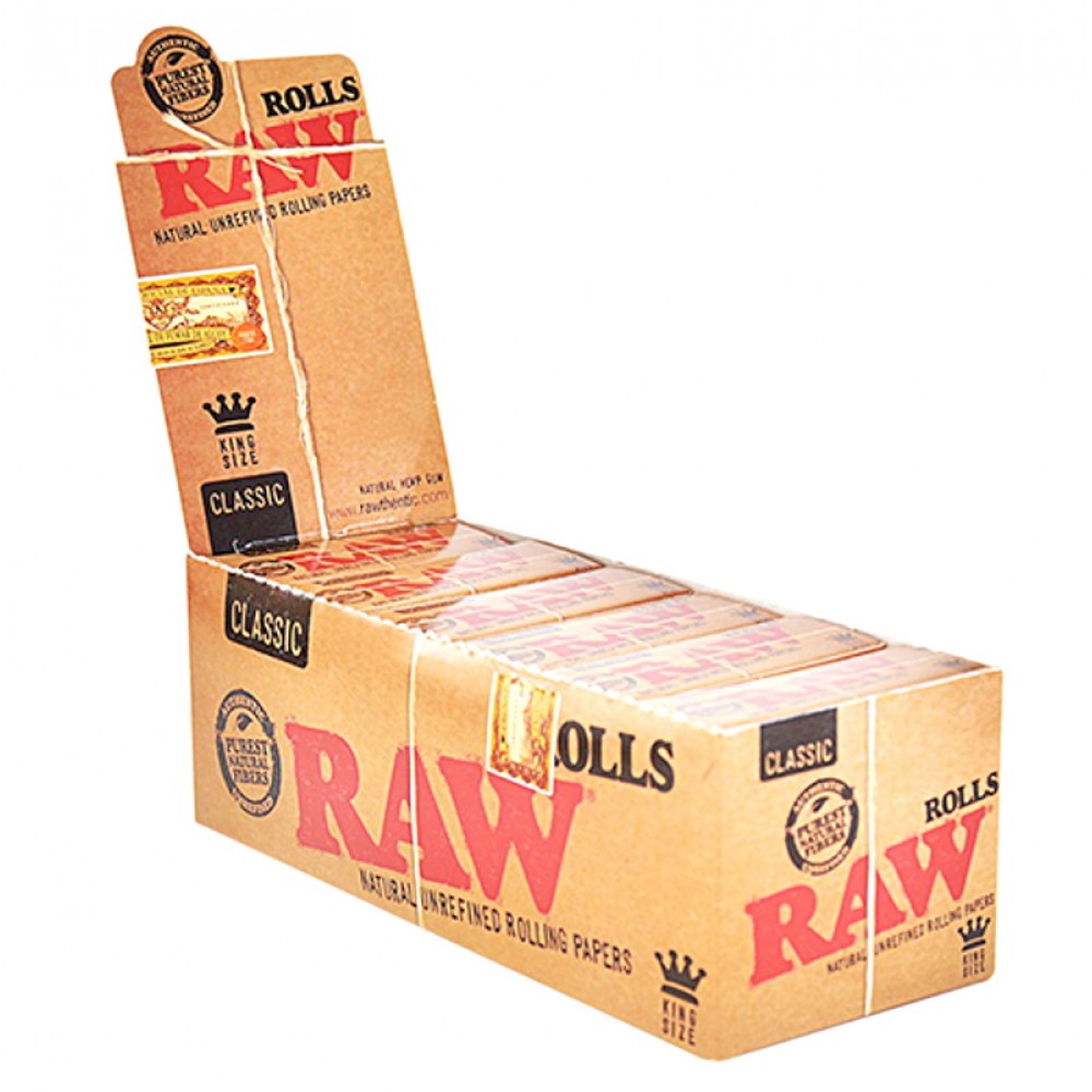 RAW Classic King Size Rolls 12 Count made from natural unrefined rolling paper with customizable length and slow even burn.