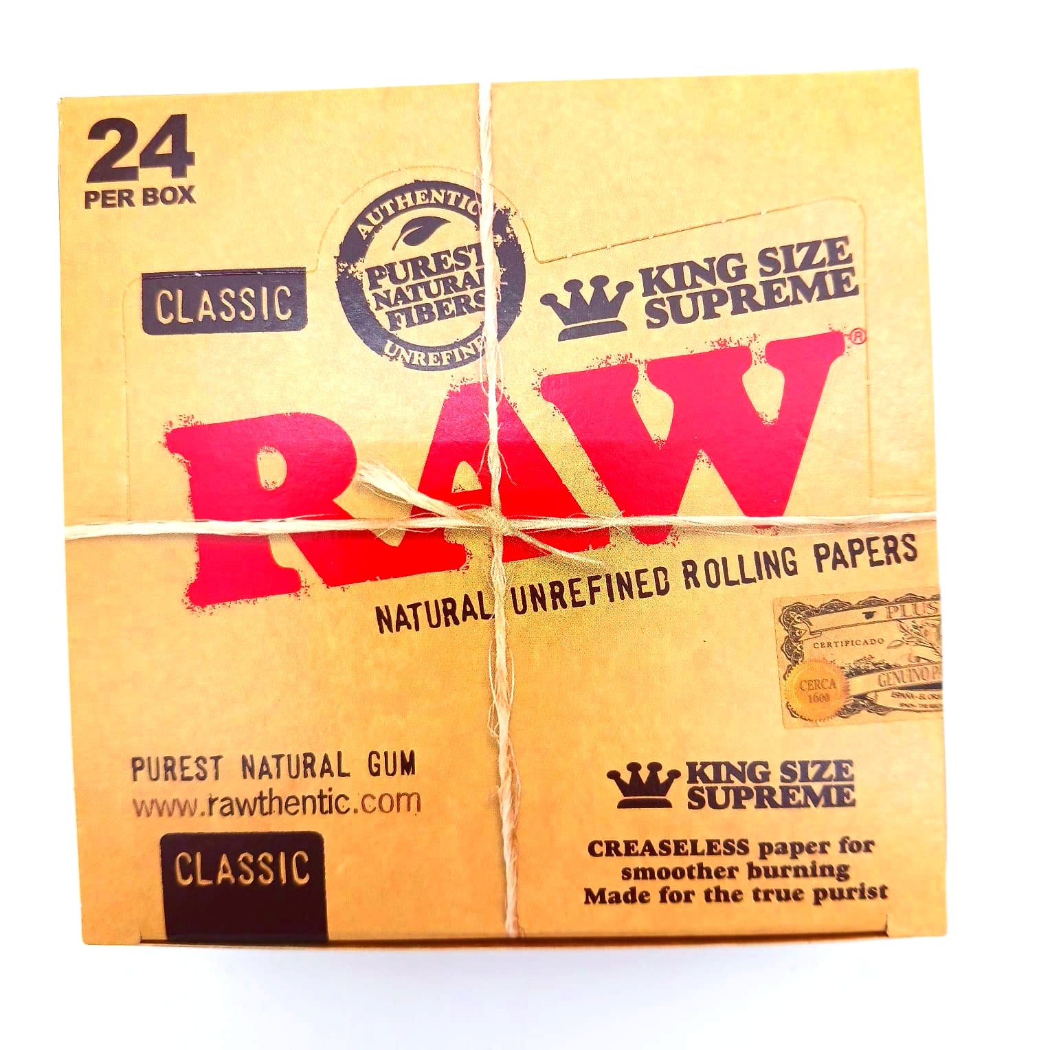 RAW Classic King Size Supreme rolling papers, 50 boxes per case and 32 papers per pack, featuring natural paper construction for a smooth and consistent rolling experience.