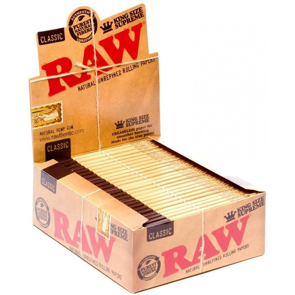 RAW Classic King Size Supreme rolling papers with 50 packs per box and 32 papers per pack made from natural unrefined paper.