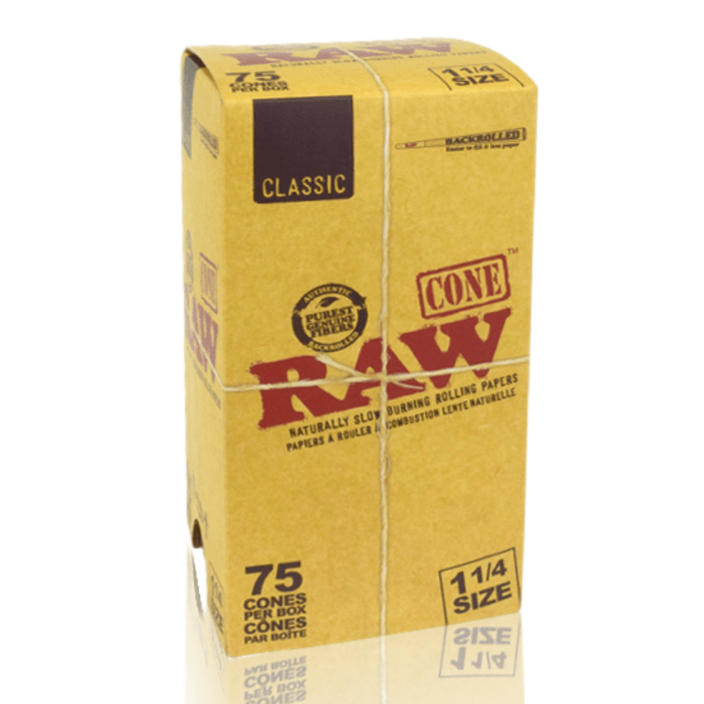 RAW Classic Pre-Rolled Cones 1¼ Size with 75 cones per box made from natural unbleached paper for a smooth and consistent burn.