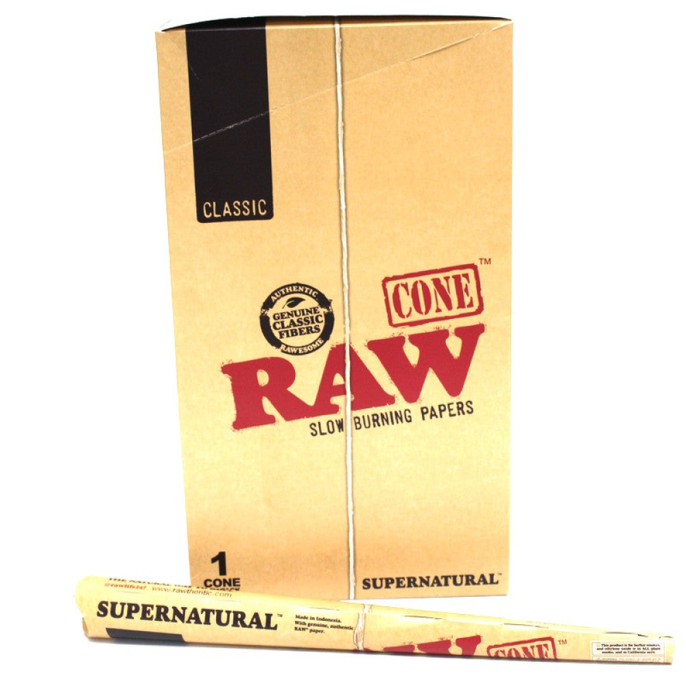 RAW Classic Supernatural Cone made with natural unbleached paper, featuring a slow-burning design and extra-large pre-rolled cone format.