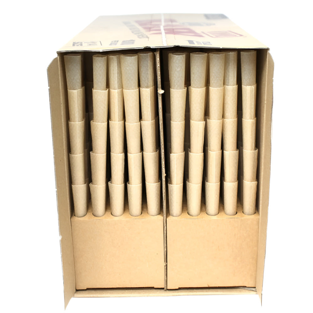 RAW Classic 1 1/4 size pre-rolled cones, 1000 cones per box, made with natural unrefined paper for a smooth and consistent smoking experience.