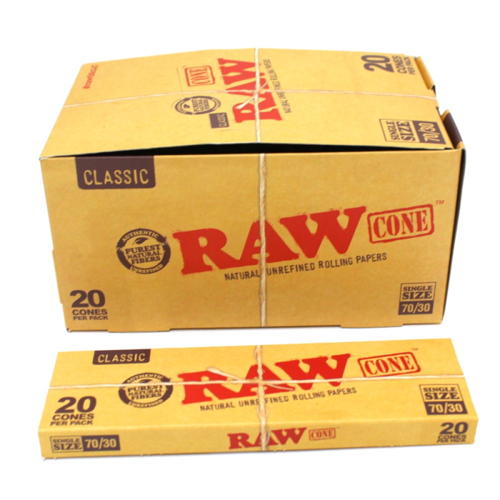 RAW Cones Single Size 70/30 pre-rolled cones with 20 cones per pack and 12 packs per box made from natural unbleached rolling paper.